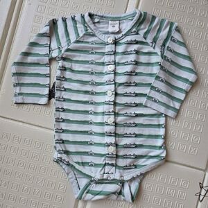 Kate Quinn Baby Boy Onsie with Green Stripes and Boat Print